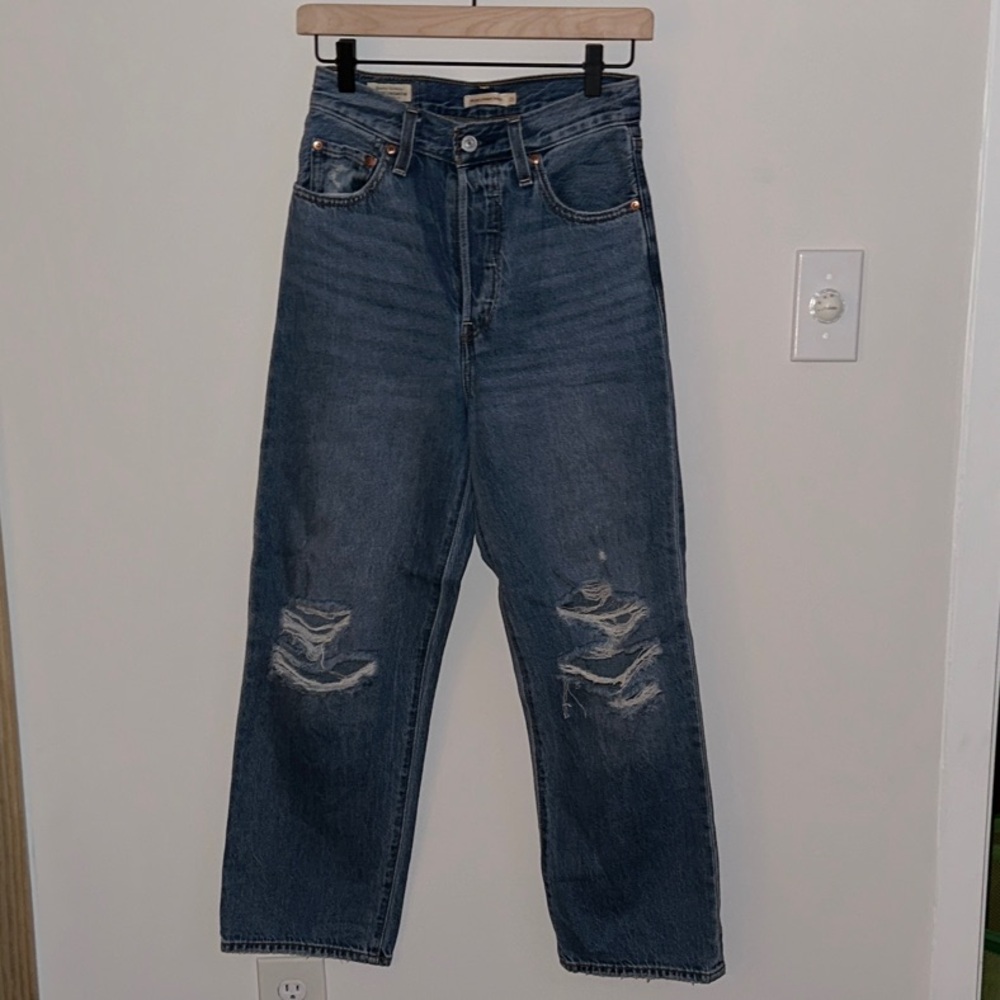Levi’s Ribcage Straight Ankle Jeans 25 Distressed High Rise Blue Denim